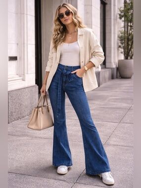 High Rise Flare Jeans Y2K Boho Tie Waist Bell Bottom Denim Chic Trend M
